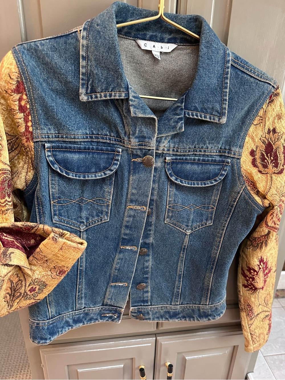 CAbi Denim Jacket with Floral Sleeves